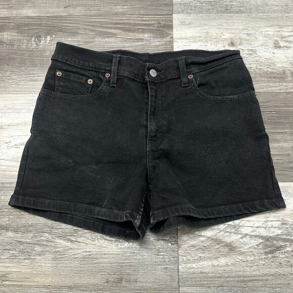 Vintage Y2K Levis 555 Black Womens 8 Petite Guys Fit Jean Shorts Jorts‎ Red Tab - Picture 1 of 10